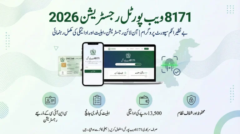 8171 Web Portal Registration 2026 infographic showing CNIC verification, eligibility check, and BISP payment process in Pakistan