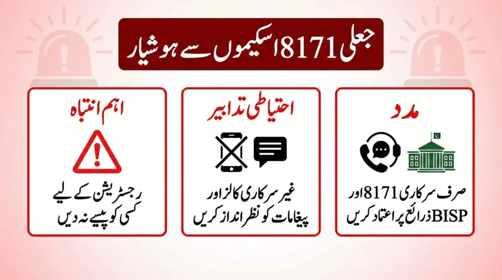 8171 web portal registration 2026 scam alert infographic advising users to avoid fake SMS, unofficial calls, and trust only official BISP and 8171 channels.