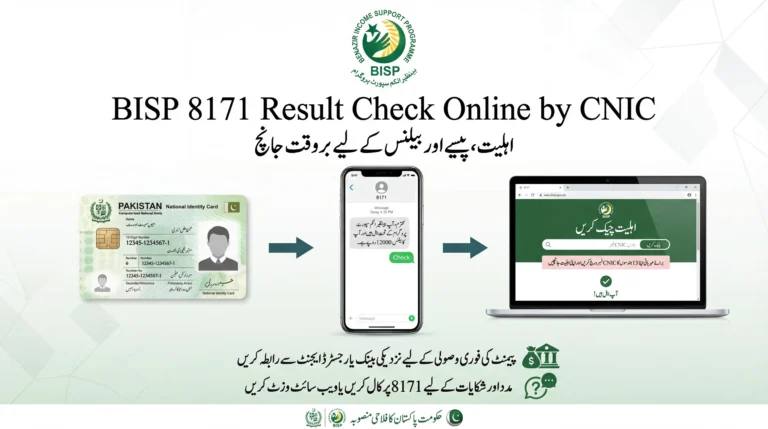 BISP 8171 result check online by CNIC infographic showing eligibility, payment status, and balance verification through SMS 8171 and the official BISP web portal